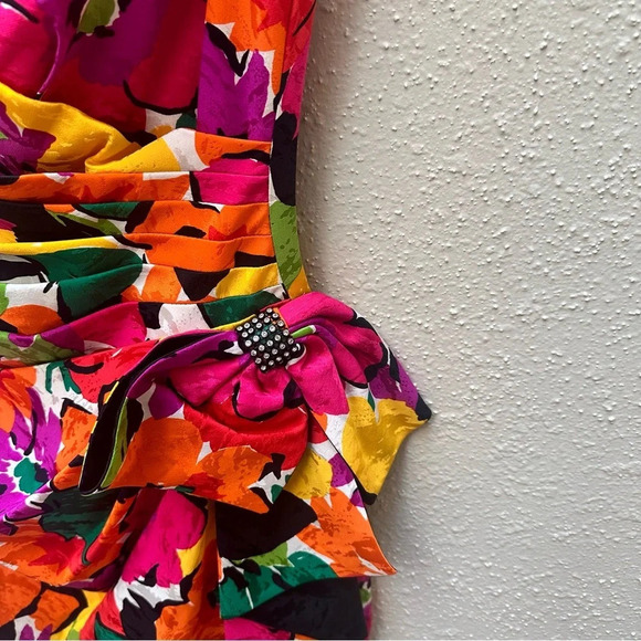 Vintage 80s/90s 100% Silk A.J. Bari Multicolor Floral Bow Ruched Mini Dress Sz 2 - Picture 5 of 11